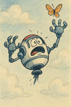 Nervous floating robot stretches its claw hand toward a passing butterfly