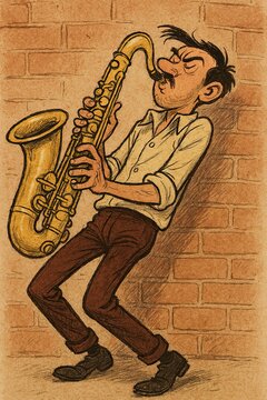 Cool jazz player leans back blowing saxophone near a red brick wall