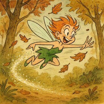 Grinning winged forest sprite dashes among falling orange leaves with sparkles