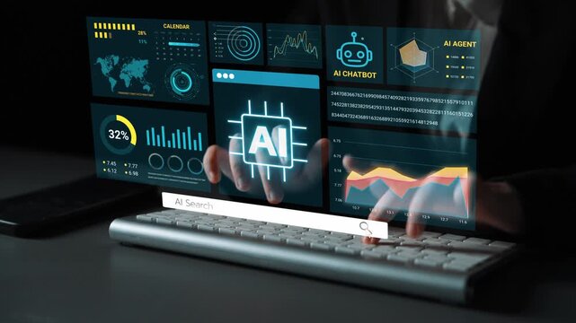 Futuristic Workspace with AI Technology Interface Featuring Data Analytics and Interactive Dashboard Insights for Business Decision Making. Entropy.