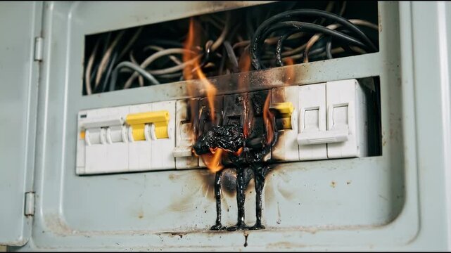 Electrical Circuit Breaker Box on Fire with Smoke and Melting Plastic Illustrating Short Circuit or Overload Danger
