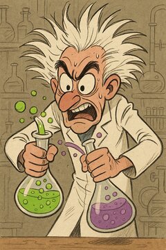 Frantic white-haired chemist holds two glowing test tubes of colorful potions