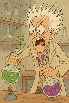 Eccentric mad professor stands amid bubbling beakers in vintage science lab
