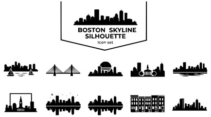 Fototapeta premium Boston City Skyline Silhouette Icon Set with Boston Harbor, Boston Bridge, Boston Common Frame and Brownstone Row, 10 Icons, Flat Vector