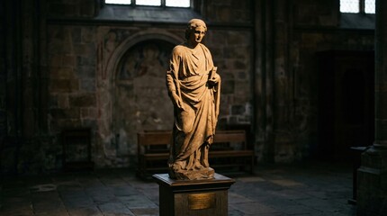 Fototapeta premium Medieval stone saint statue standing inside a historic church interior with dramatic sunlight, vintage cathedral heritage architecture.