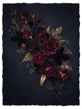 Dark Burgundy Roses and Gold Leaves Arrangement on Black Background
