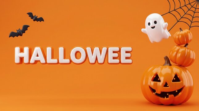 3d halloween background with a cute ghost, bats, and a stack of pumpkins on an orange surface