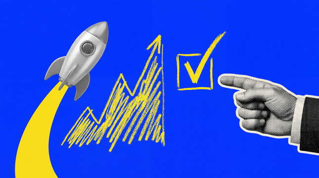 A silver rocket blasts off, symbolizing business growth, with a hand pointing to a checklist indicating success.