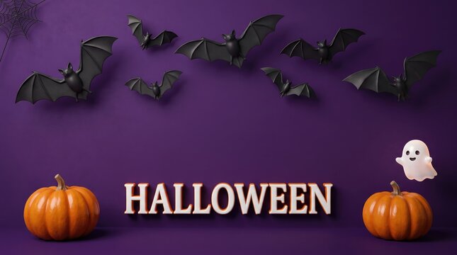 3d halloween background with pumpkins, bats, and a ghost on a purple wall