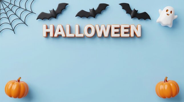 Halloween background with 3d text, pumpkins, bats, ghost, and spider web on a blue surface