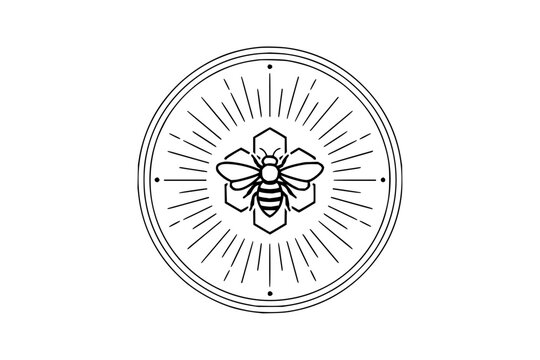 Minimalist bee emblem design with honeycomb pattern and sunburst rays in circular frame