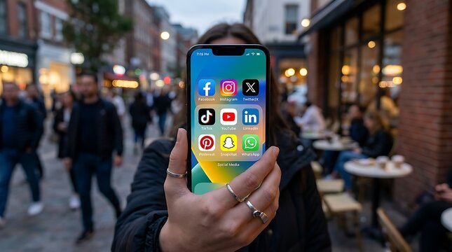 Person holding smartphone showing social media apps on busy city street at night