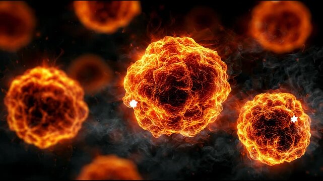 Bright orange spheres move in a dark space, creating an energetic display with glowing patterns. The shapes change and rotate.