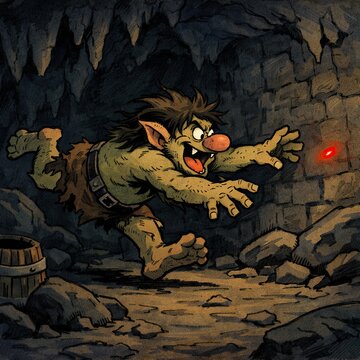 Excited hairy troll running through dark stone cave attempting to grab glowing red orb