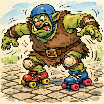 Funny troll learning to roller skate while wearing protective helmet outdoors