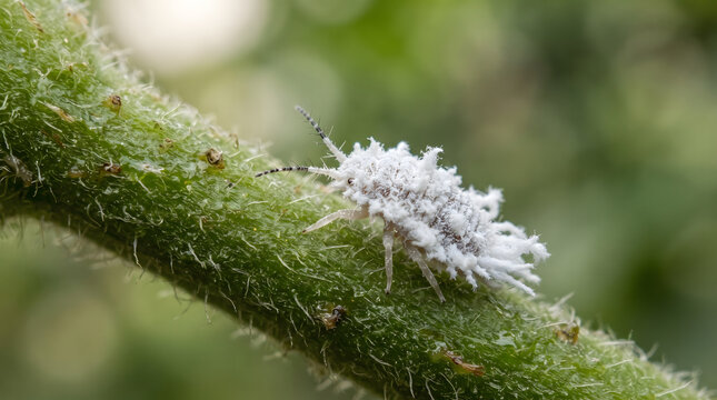 Mealybug covered in white wax clinging tightly to a green hairy plant stem.