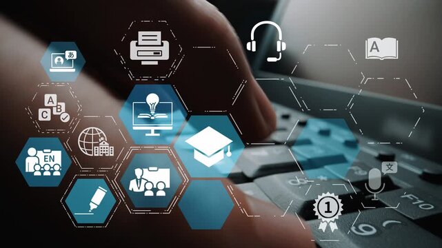 Online education icons show e-learning, online education classes, and digital study. Online education enables global online education access, flexible learning. Funnel