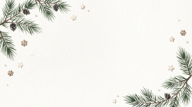 Elegant Christmas watercolor border background with pine branches and golden stars