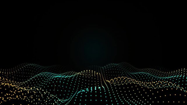 Abstract digital landscape with glowing blue and orange dots forming a wave pattern on black background 4k video