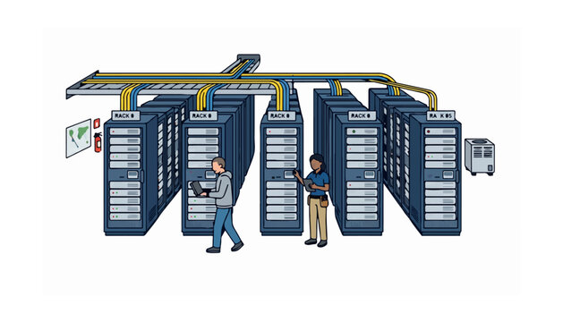 Modern data center with servers and technicians working.