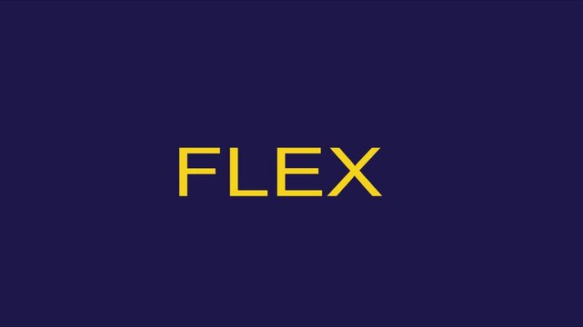 Minimalist motion animation of the word flex with dynamic text transitions and bold yellow typography on a deep blue 4k background