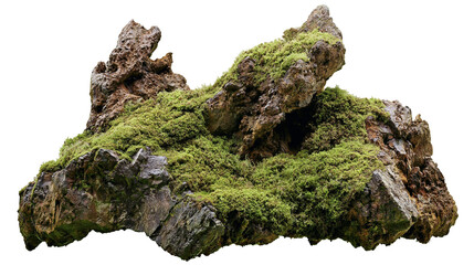 Isolated rugged natural textured mossy rock formation for garden or aquarium decoration. © Niamh
