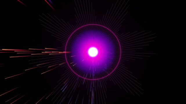 Abstract glowing light explosion with radial lines and particles in dark background 4k video