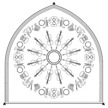 Musical Instrument Mandala Pattern with Violins, Drums, and Saxophones in Arch Frame