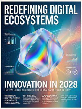 Redefining digital ecosystems poster design, futuristic technology innovation in 2028 infographic, holographic abstract 3D shape with data charts
