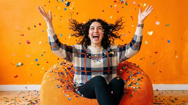 Joyful young woman celebrating with colorful confetti falling around her while sitting in a bean bag chair against a vibrant orange background.