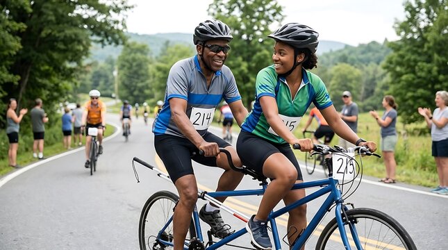 Diverse couple enjoys tandem cycling race on a scenic country road with spectators