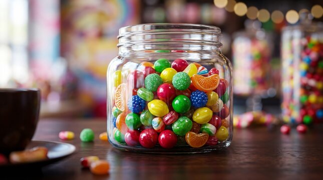 Colorful fruit hard candies in a vintage glass jar on a wooden table, sweet autumn candy shop vibe, retro confectionery treats.