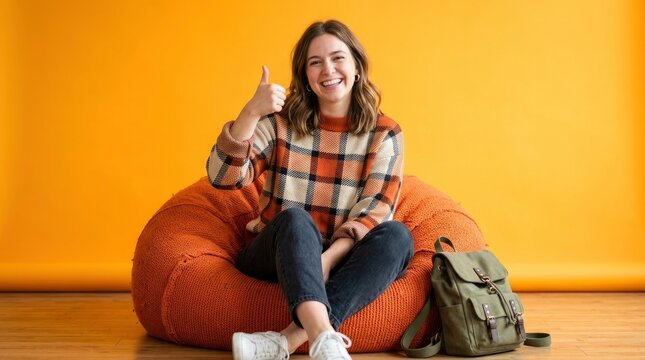 Happy young female student sitting in a bean bag chair showing thumbs up on yellow background