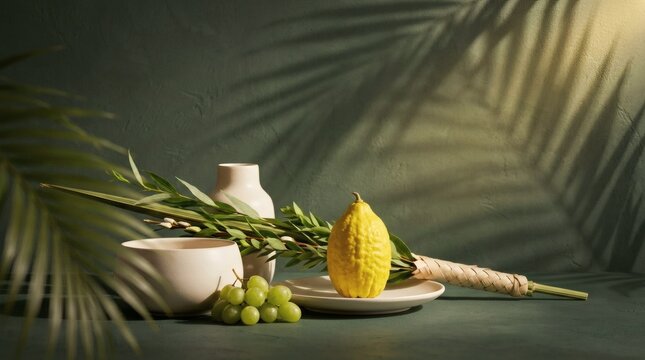 Etrog, Lulav, and Grapes on Green Background with Palm Shadows
