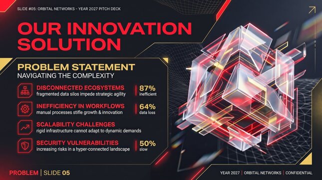 Futuristic business pitch deck slide, corporate innovation solution presentation template, dark high-tech infographic layout