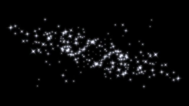 Sparkling white cartoon doodle stars scatter across glowing starlight dust line forming shimmering glitter trail animation isolated on smooth, black screen motion background 4k loop