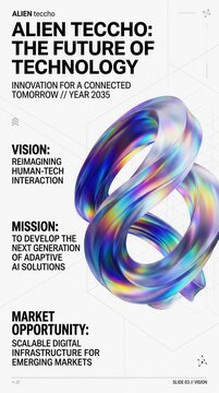 Futuristic technology presentation slide, holographic 3D abstract shape on white background, tech business pitch deck template