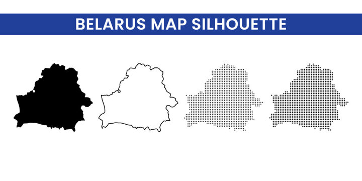 Four stylized map silhouettes of belarus country outline displayed in solid black line and dot patterns arranged horizontally