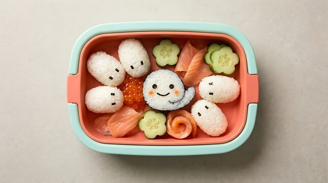 Cute cartoon bento lunch box with smiling white rice balls and colorful vegetables isolated on a clean white surface