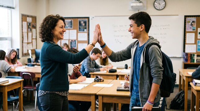 Teacher and student high five in classroom celebrating success