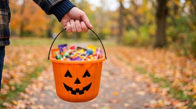 Person holding a full bucket of candy for Halloween trick or treating in autumn park