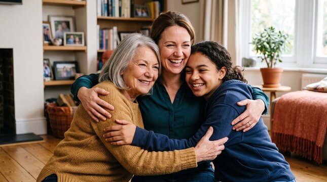 Three generations of women hugging and laughing together in a cozy living room
