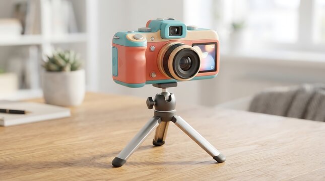 Colorful vintage style digital camera mounted on a small tripod standing on a wooden table in a bright modern room