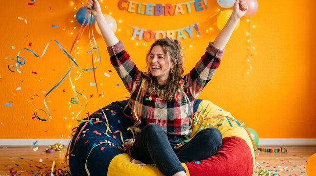 Joyful young woman celebrating with confetti and streamers, sitting in a colorful beanbag chair at a home party against an orange wall.