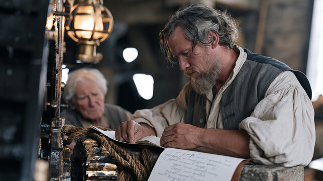 A watermill operator in warm indoor lamplight improvises a temporary gear fix using rope coiled nearby, an elderly neighbor watching with interest, the intergenerational