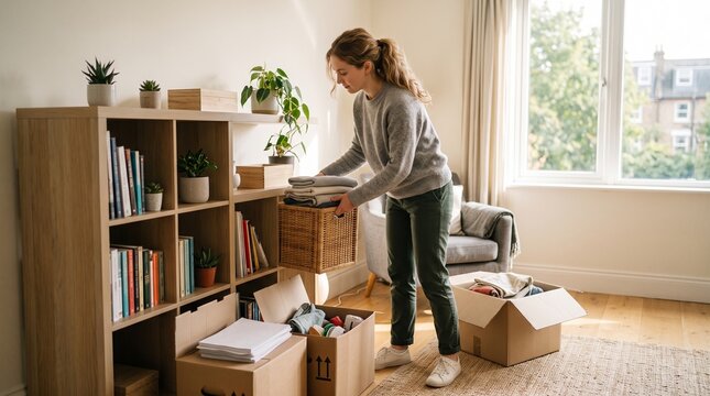 Woman organizing clothes into a basket near a bookshelf and boxes