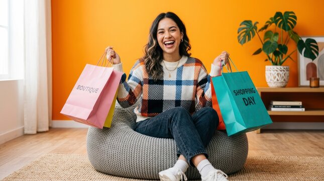 Happy young woman sitting on a beanbag chair holding colorful shopping bags after a successful shopping trip in her modern living room