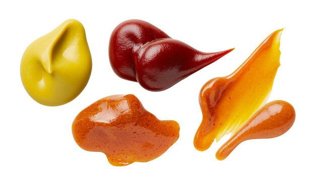 Isolated colorful collection of classic condiments, sauces including mustard, ketchup, barbecue, and chili