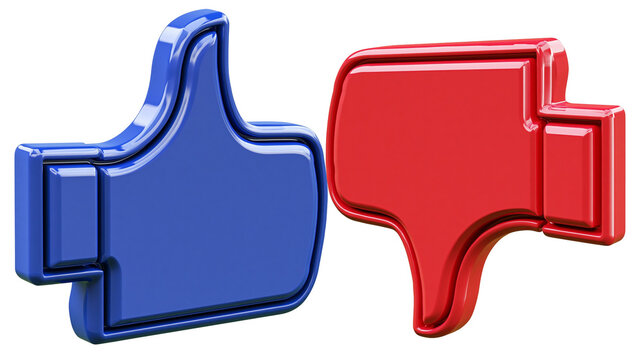 Isolated 3D render of blue thumbs up and red thumbs down social media feedback icons.