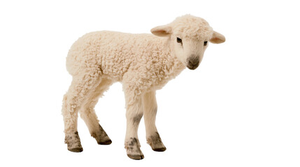 Isolated young lamb with fluffy fleece standing calmly, a cute and gentle farm animal © Niamh